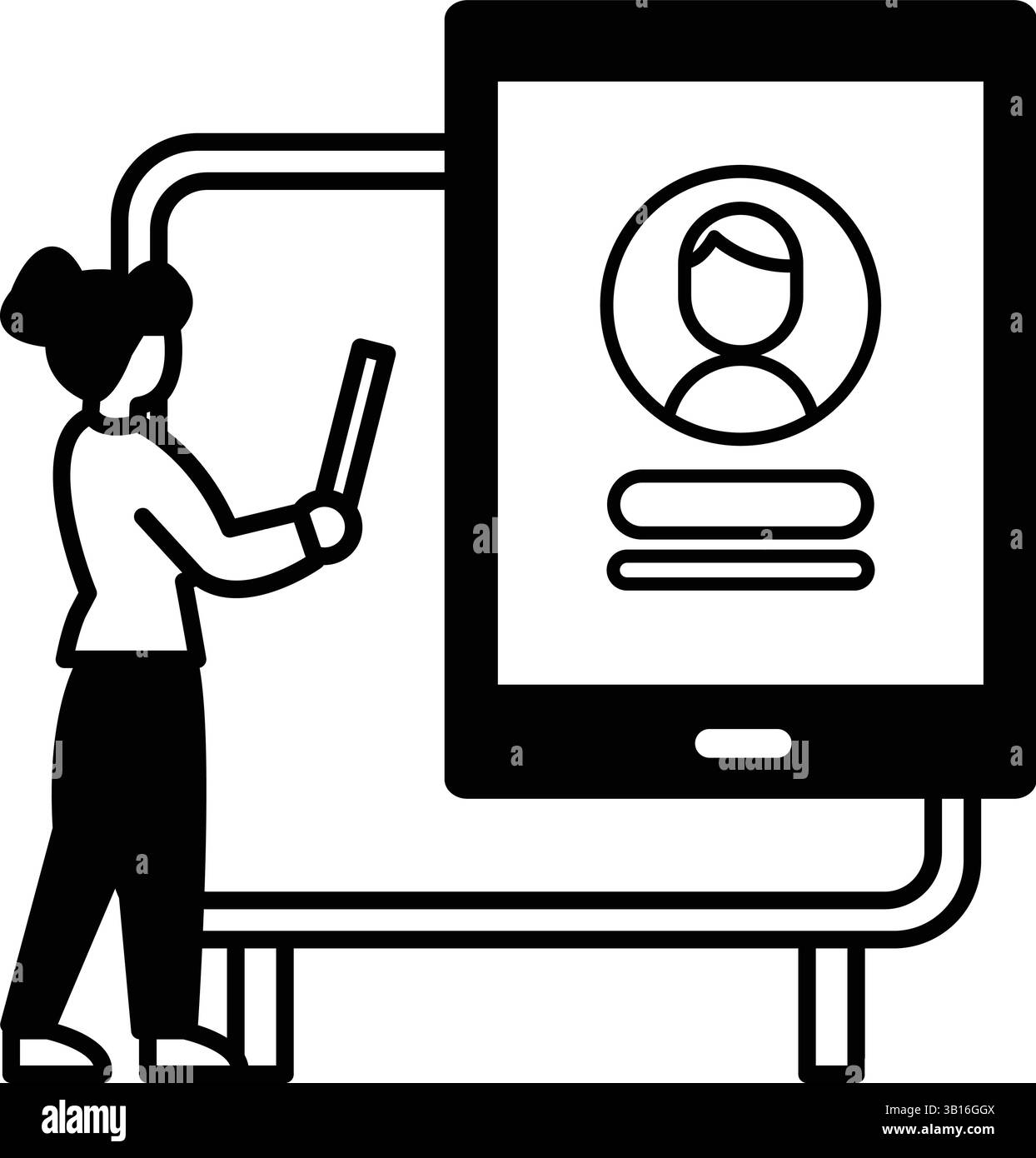 Una donna tiene in mano una matita e sta in piedi di fronte a un tablet Illustrazione Vettoriale