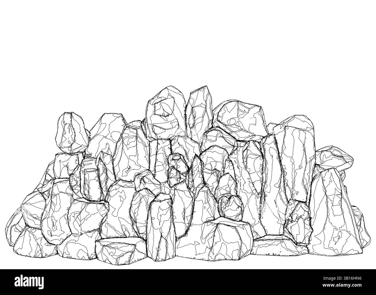 Una pila di rocce è disegnata in bianco e nero. Le rocce sono sparse in varie dimensioni e forme, creando un senso di profondità e consistenza Illustrazione Vettoriale