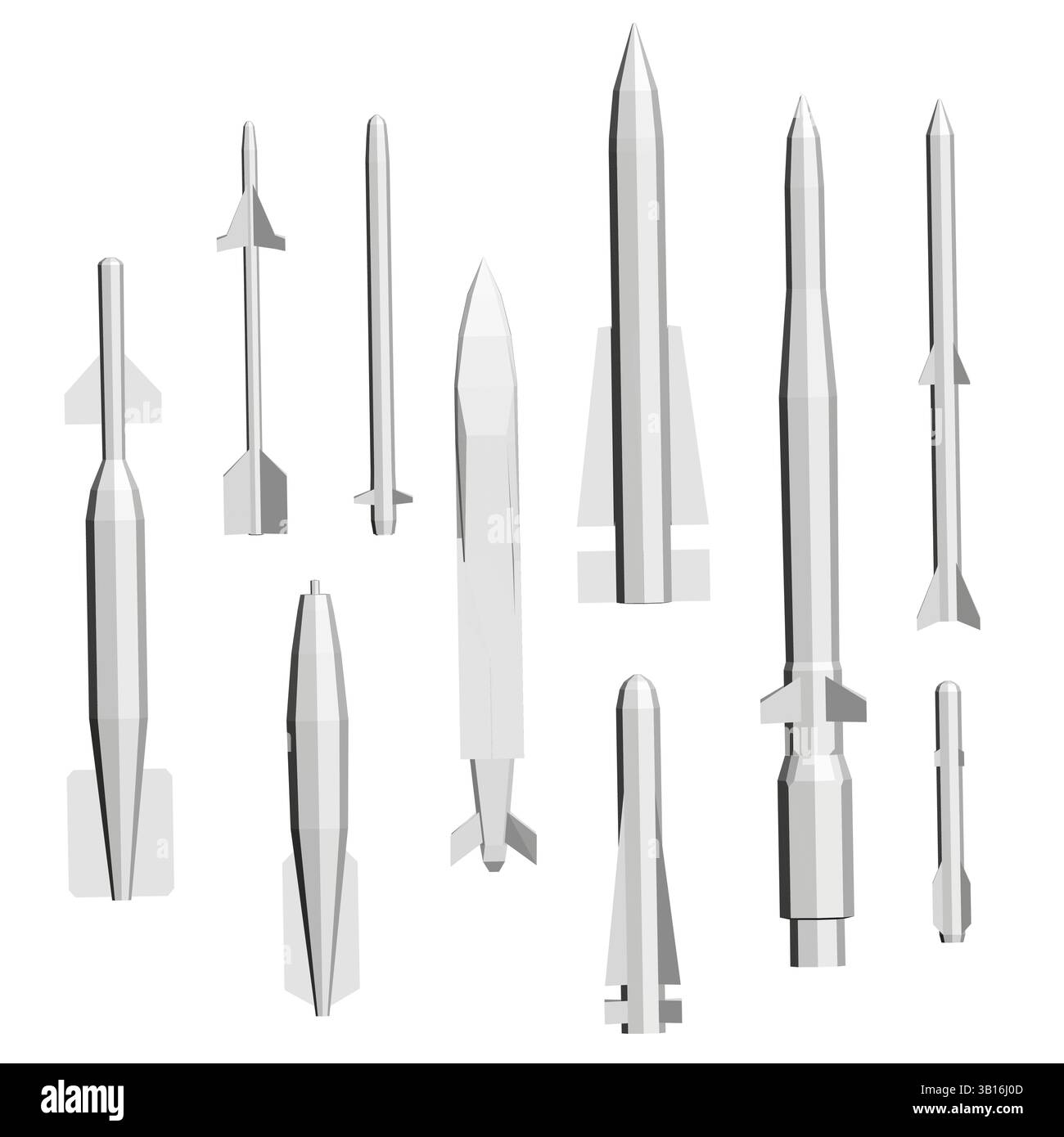 Una collezione di missili e razzi bianchi è mostrata in varie dimensioni e forme. Concetto di potenza militare e progresso tecnologico Illustrazione Vettoriale