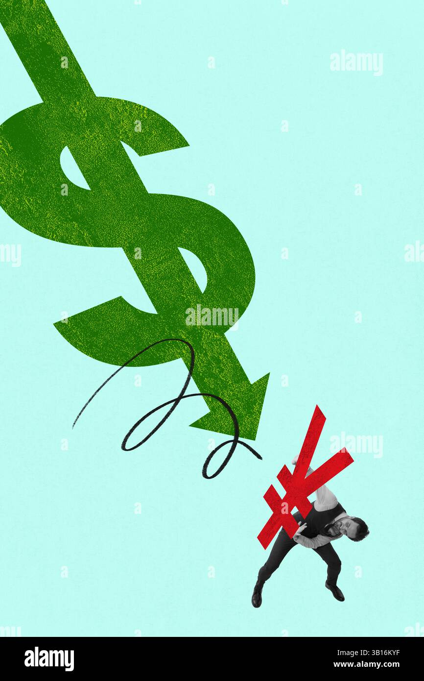 Un enorme dollaro verde si schianta contro un uomo che detiene lo yuan rosso, mostrando una lotta per il dominio valutario globale Foto Stock