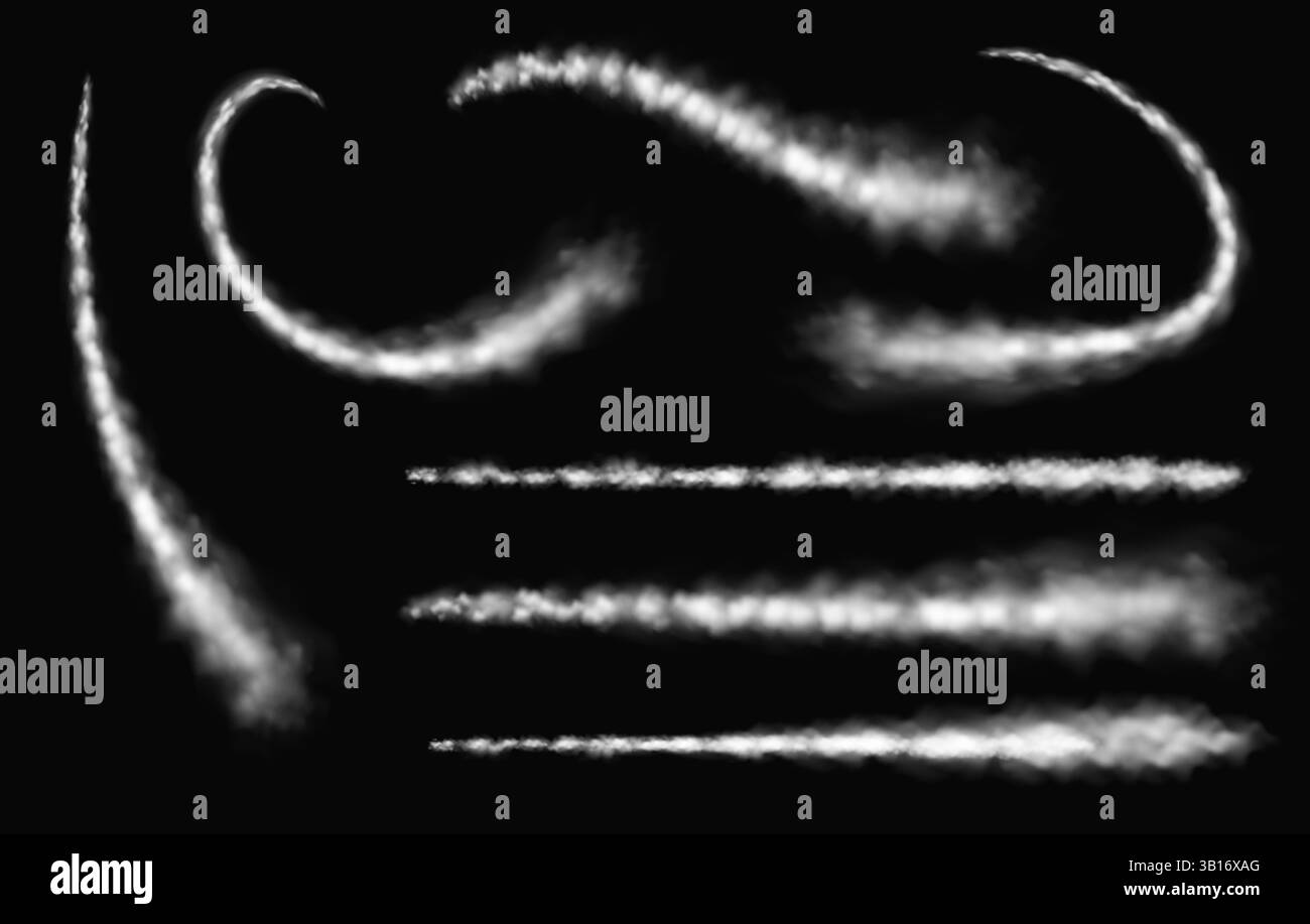 Aereo fumogeno. Aeroplano fumante, piste rettilinee e curve, realistica consistenza di fumo bianco per la traccia di lancio di aerei o razzi, traccia di missili volare in cielo. Gruppo vettoriale. Illustrazione Vettoriale