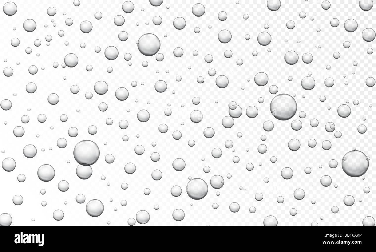 Consistenza delle bolle d'aria. Flusso di bolle di ossigeno in acqua pulita. Scintillanti scintillanti sotto l'acquario, bibite e champagne. Sfondo vettoriale della pillola effervescente. Illustrazione Vettoriale