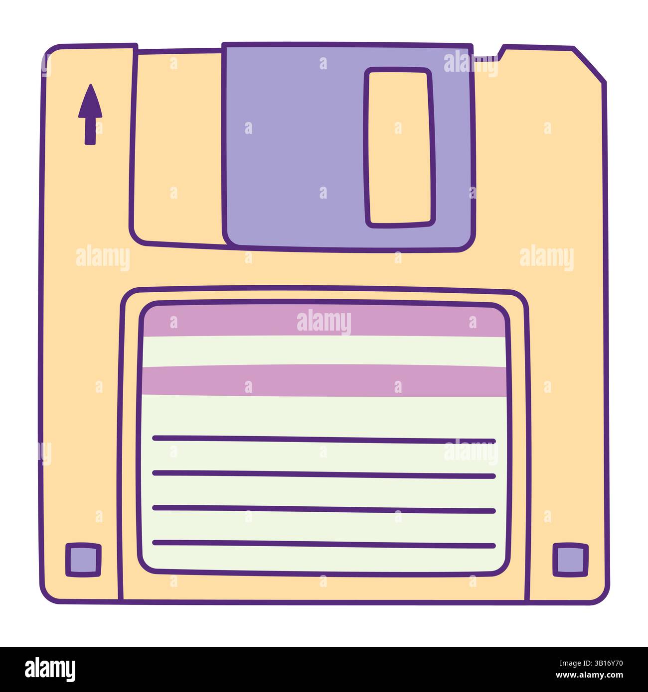 Illustrazione retro floppy disk disegnata a mano con contorno isolato su sfondo bianco. Terreno di memorizzazione analogico vintage. Estetica vintage degli anni '80 e '90 Illustrazione Vettoriale