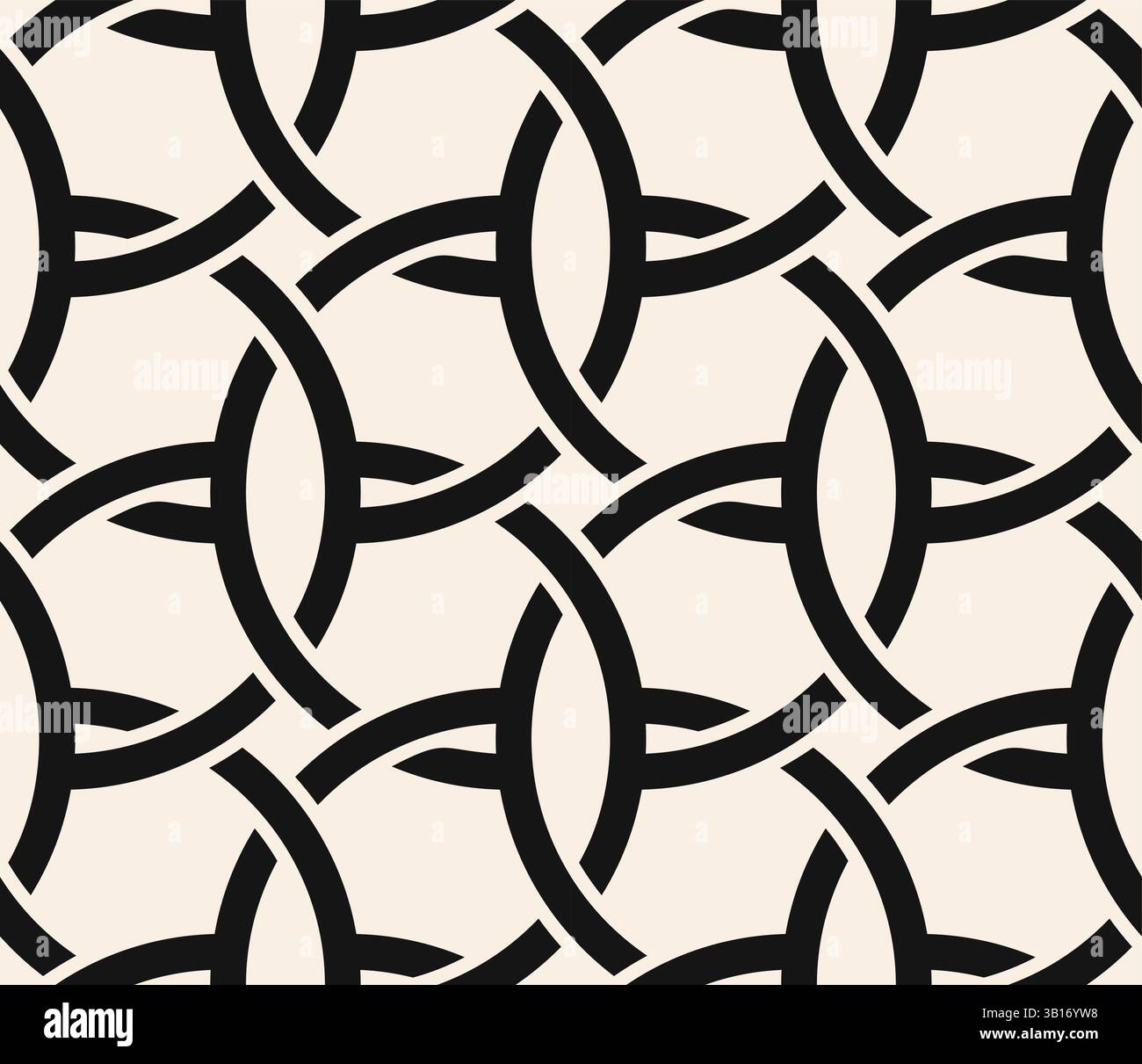 Cerchi intrecciati con linee spesse nere per un motivo senza cuciture su sfondo beige. Ripetizione beige. Illustrazione Vettoriale