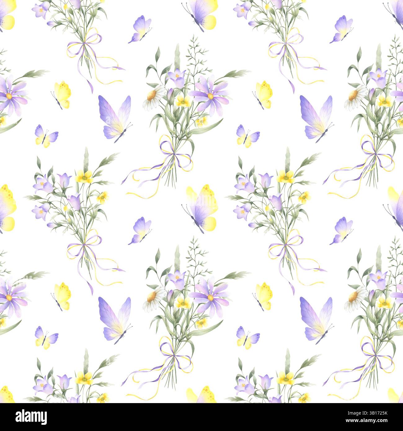 Motivo floreale senza cuciture con farfalle e mazzi di fiori selvatici acquerelli, camomilla e prati prati con fiocco legato. Ho disegnato a mano Foto Stock