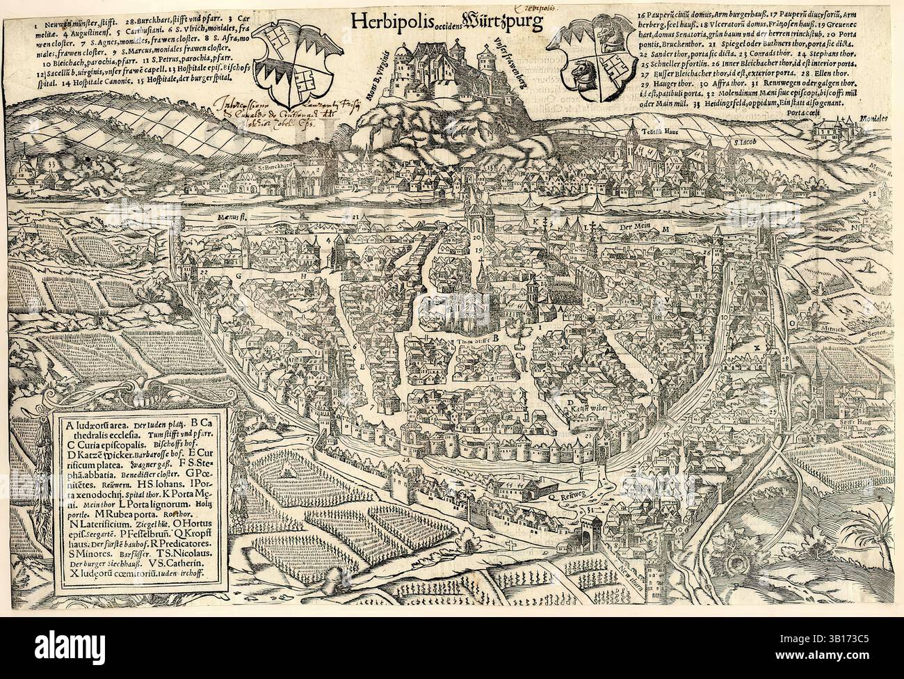 Stadtplan von Würzburg, um 1600, Bayern, Deutschland Foto Stock
