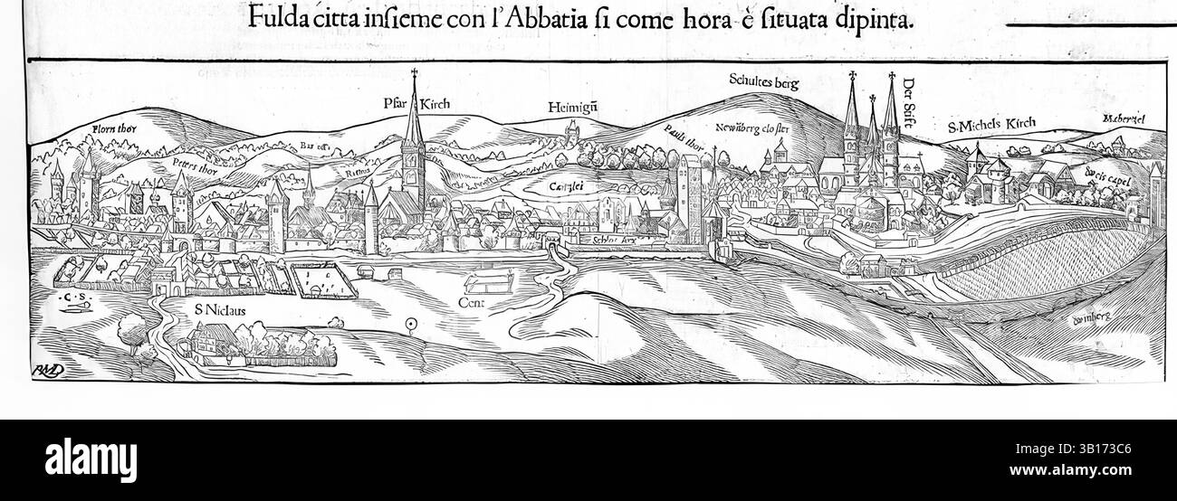 Ansicht von Fulda um 1550, Assia, Germania Foto Stock