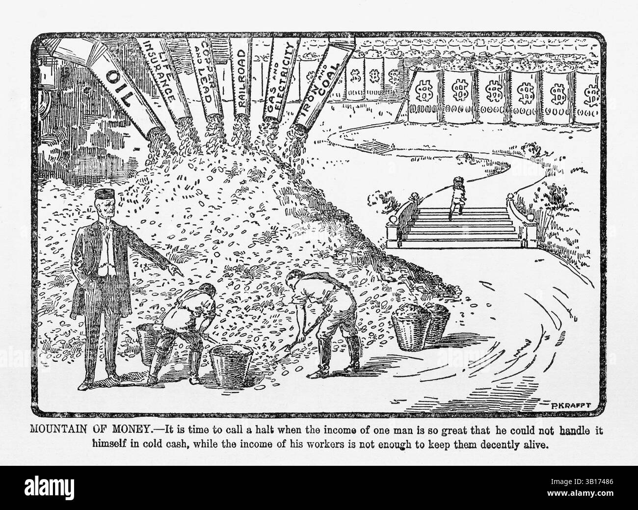**Montagna di denaro** (1907) di **Paul Krafft**, da *capitale e lavoro*. Presente anche in *Mayday, Mayday: Capital and Labor (1907)* sul Public Domain Review, questa illustrazione satira l'accumulo di ricchezza, raffigurando la capitale come una forza torreggiante costruita sulle spalle dei molti. Foto Stock