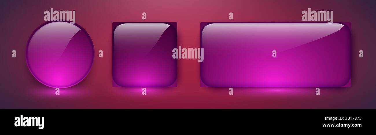 Pulsanti Web con linguetta in vetro lucido viola e blu. Icone luminose e banner vuoti per un moderno set di interfacce utente del sito Web. Le barre di spinta del gradiente viola vengono utilizzate come clic Illustrazione Vettoriale