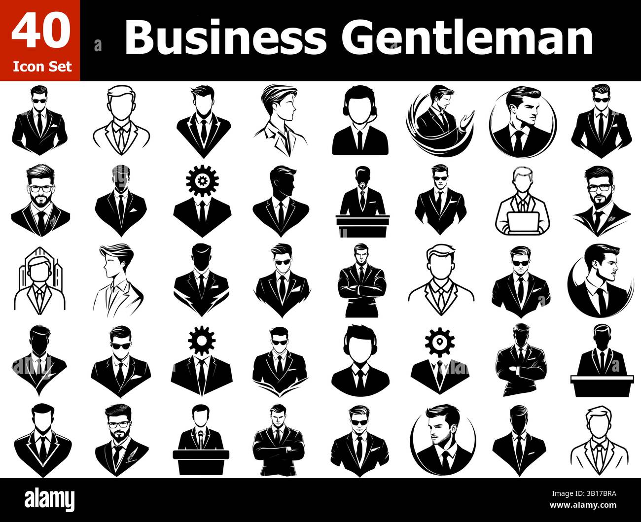 40 icone Business Gentleman – Logo Avatar Vector maschile professionale in stile nero Illustrazione Vettoriale