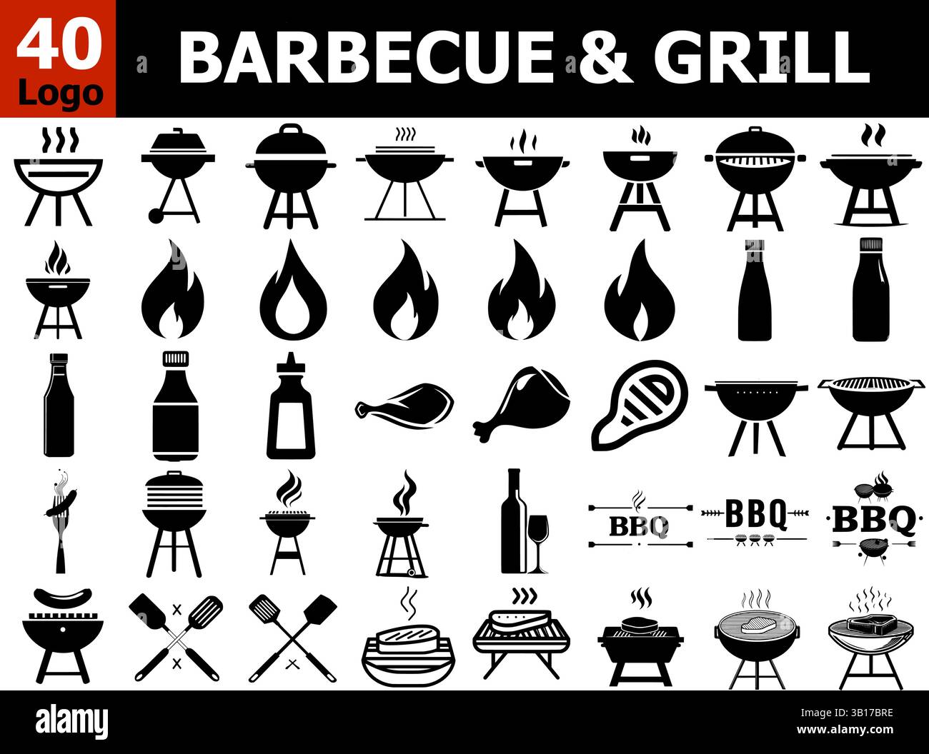 40 icone Barbecue & Grill - Set con logo BBQ Vector nero pieno con fuoco, carne e utensili Illustrazione Vettoriale