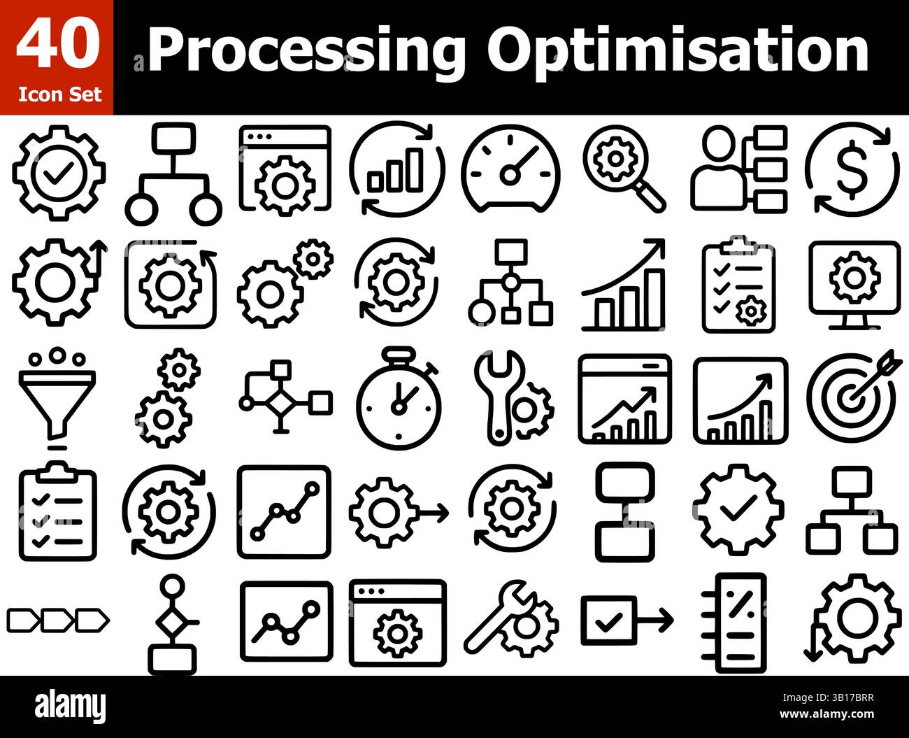 40 icone di ottimizzazione dell'elaborazione - Set vettoriale stile linea per flusso di lavoro, automazione e analisi dei dati Illustrazione Vettoriale