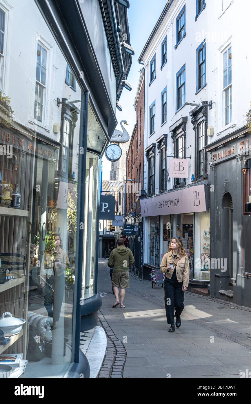 Gente a Swan Lane, nella parte vecchia di Norwich, Norfolk, Inghilterra Foto Stock