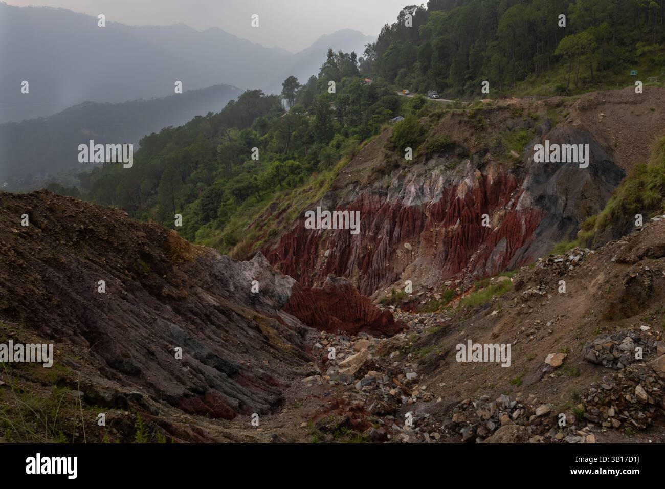 La colorata argilla del Triassico ha eroso Hillside in un paesaggio montano lussureggiante Foto Stock