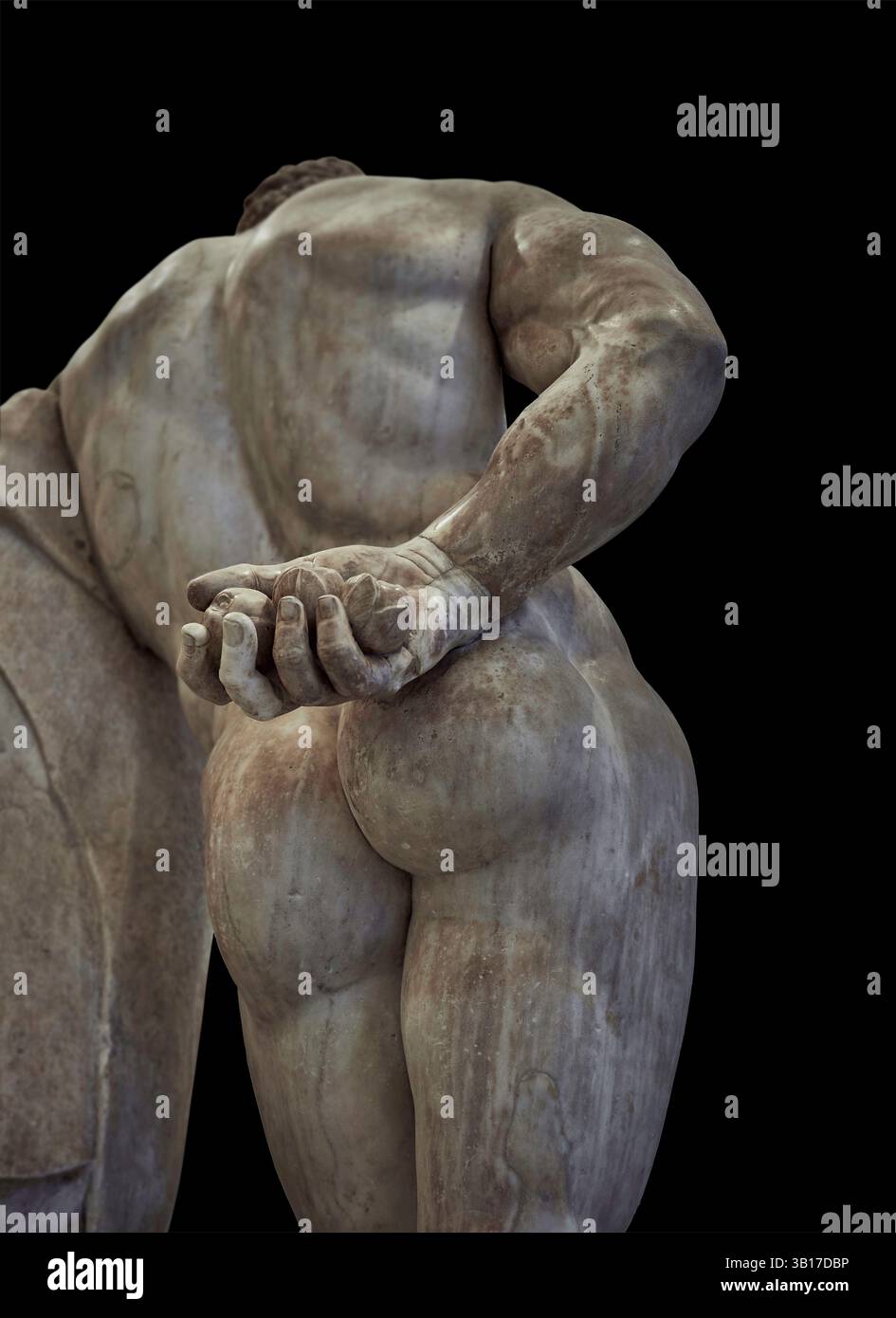 Statua romana di Ercole, le sue mani che reggono le mele d'oro di Esperidi, dalle Terme di Caracalla, Roma. Copia romana della fine del II secolo d.C. copiata Foto Stock
