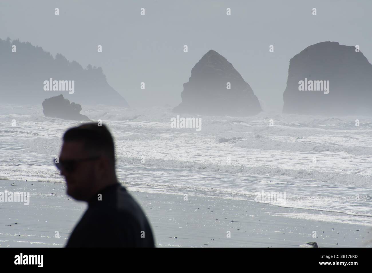 CANNON BEACH, OREGON, USA - 12 aprile 2025: I visitatori camminano lungo le spiagge sabbiose di Cannon Beach sotto un cielo nuvoloso, con l'iconica Haystack Rock in piedi. Foto Stock