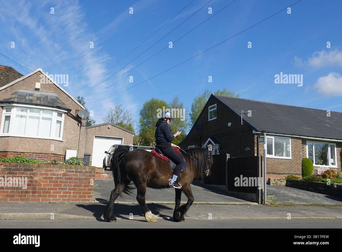 Cavaliere a cavallo che usa il cellulare Foto Stock