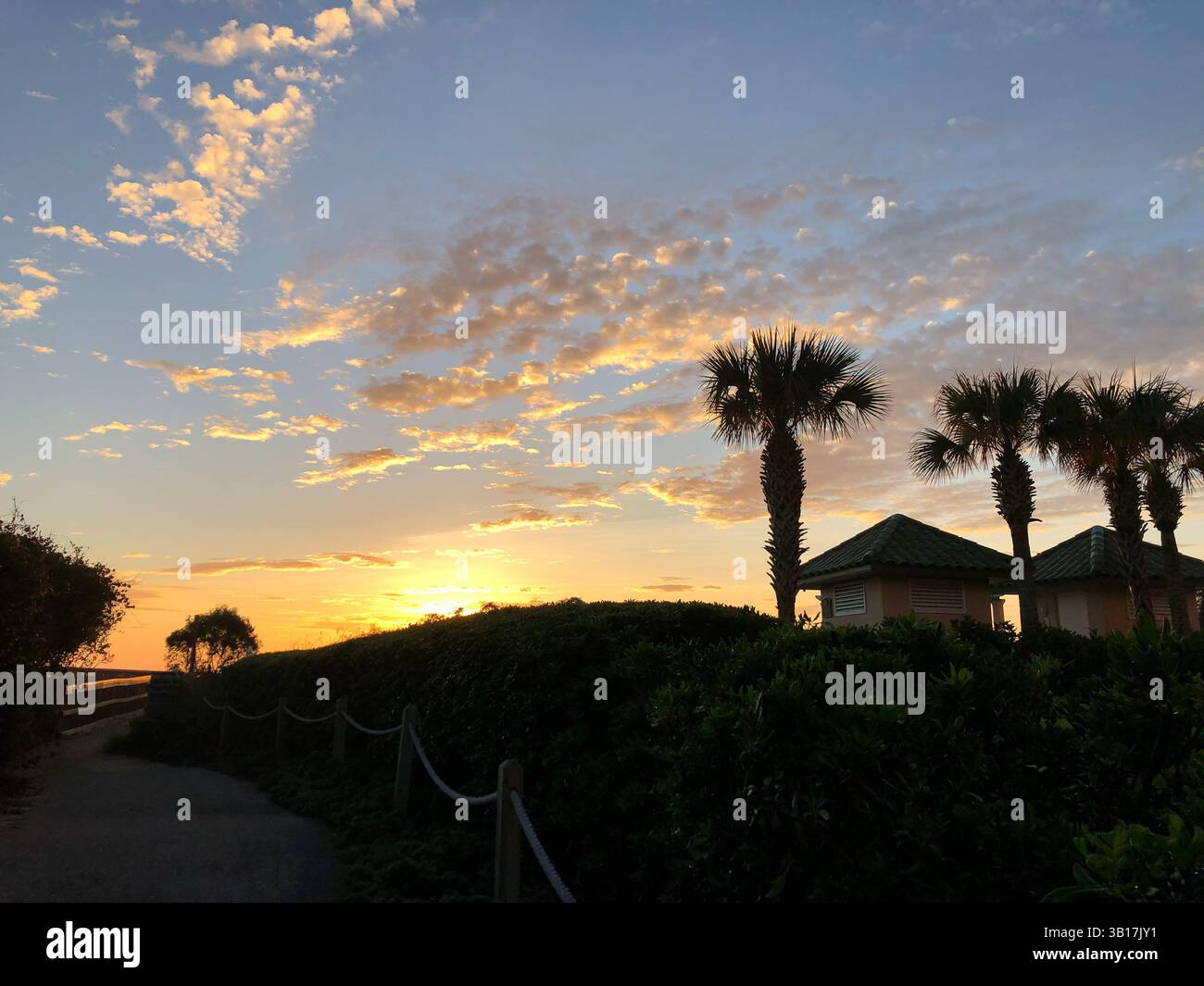 Alba su una collina di Amelia Island, Florida, con palme e piccole capanne. Foto Stock