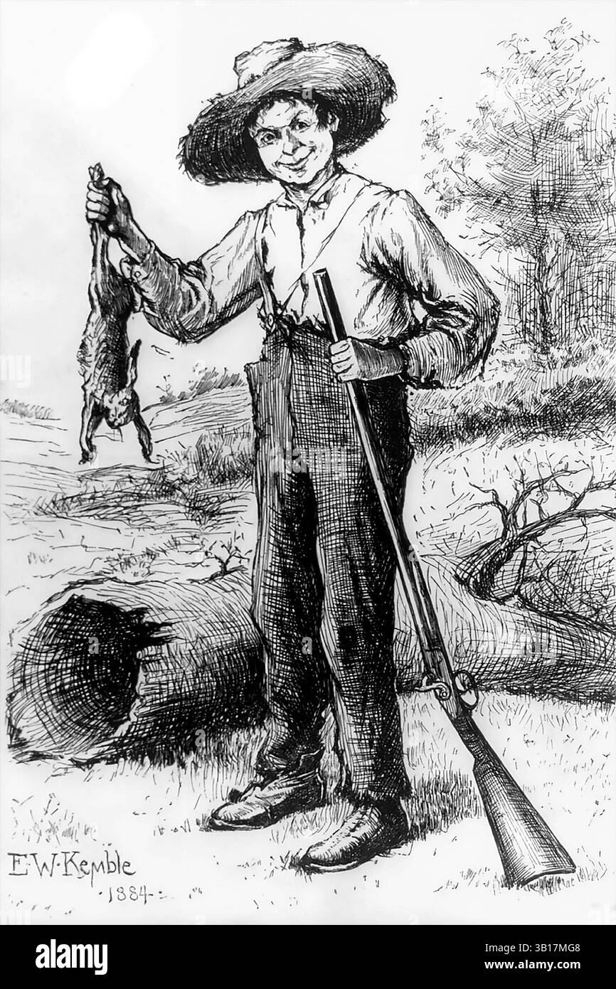 Huckleberry Finn. Illustrazione di e W Kemble da un'edizione originale di "The Adventures of Huckleberry Finn" di Mark Twain, intitolata "Huckleberry Finn Holding gun and Rabbit", pubblicata nel 1884 Foto Stock