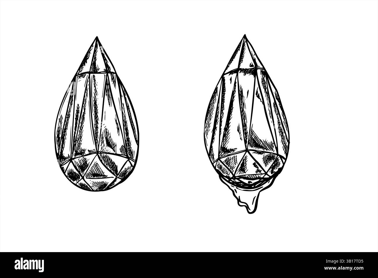 Illustrazione dell'inchiostro isolato con vettore di luce riflettente in cristallo di vetro. Disegno inciso di gocce di ghiaccio con sfaccettature diamantate con gocce d'acqua in caduta. Gemme brillanti Illustrazione Vettoriale