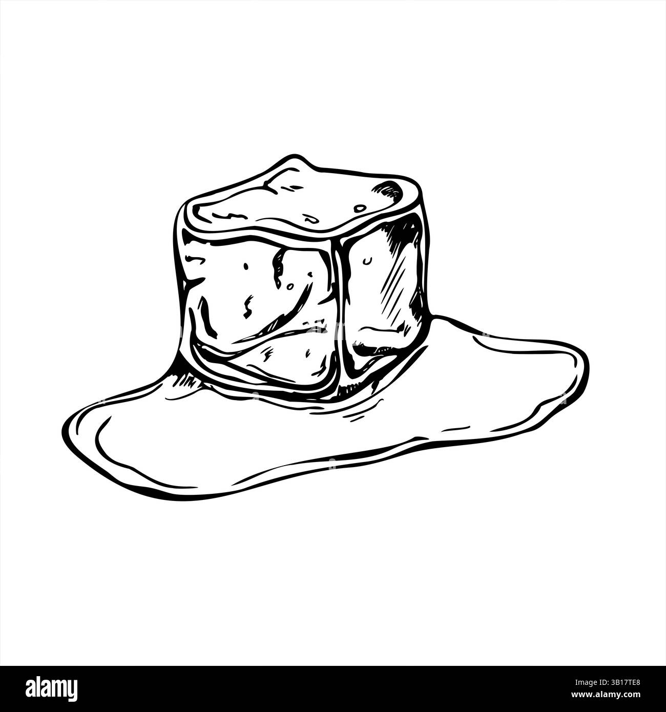 Il cubetto di ghiaccio monocromatico si scioglie nell'inchiostro nero dell'illustrazione vettoriale della pozzanghera d'acqua. Mattone congelatore in cristallo con disegno grafico liquido trasparente. Per menu cocktail e cibo Illustrazione Vettoriale