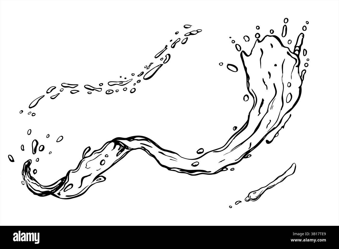 Illustrazione Vector monocromatica con spruzzi d'acqua e gocce dipinta con inchiostri neri. Trama ondulata d'acqua con bolla grafica per il branding delle bevande Illustrazione Vettoriale