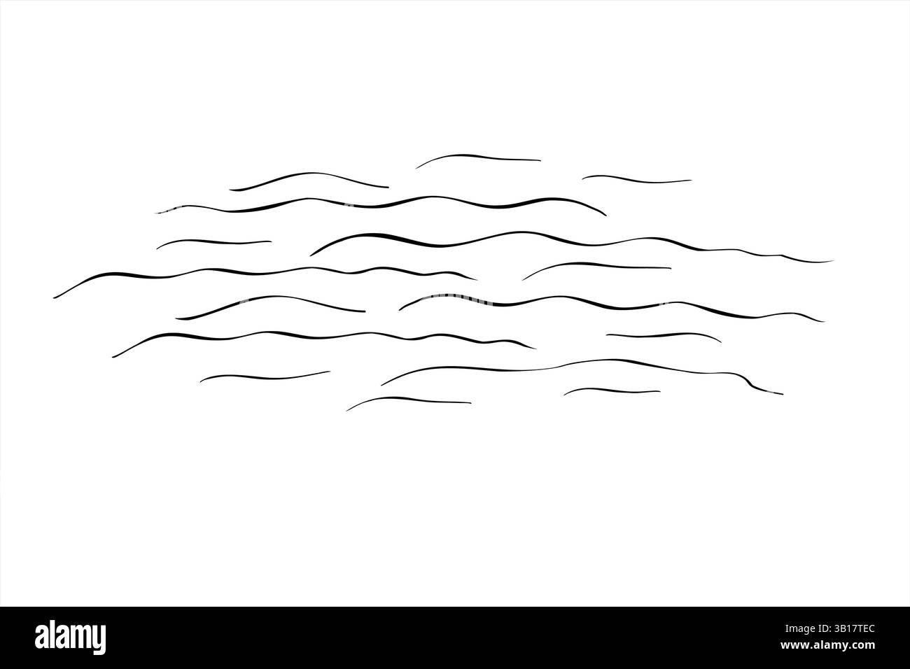 Illustrazione astratta con isolamento vettoriale delle onde d'acqua dipinta con inchiostri neri. Linee ondulate monocromatiche ritmiche schematiche schizzo grafico minimalista Illustrazione Vettoriale