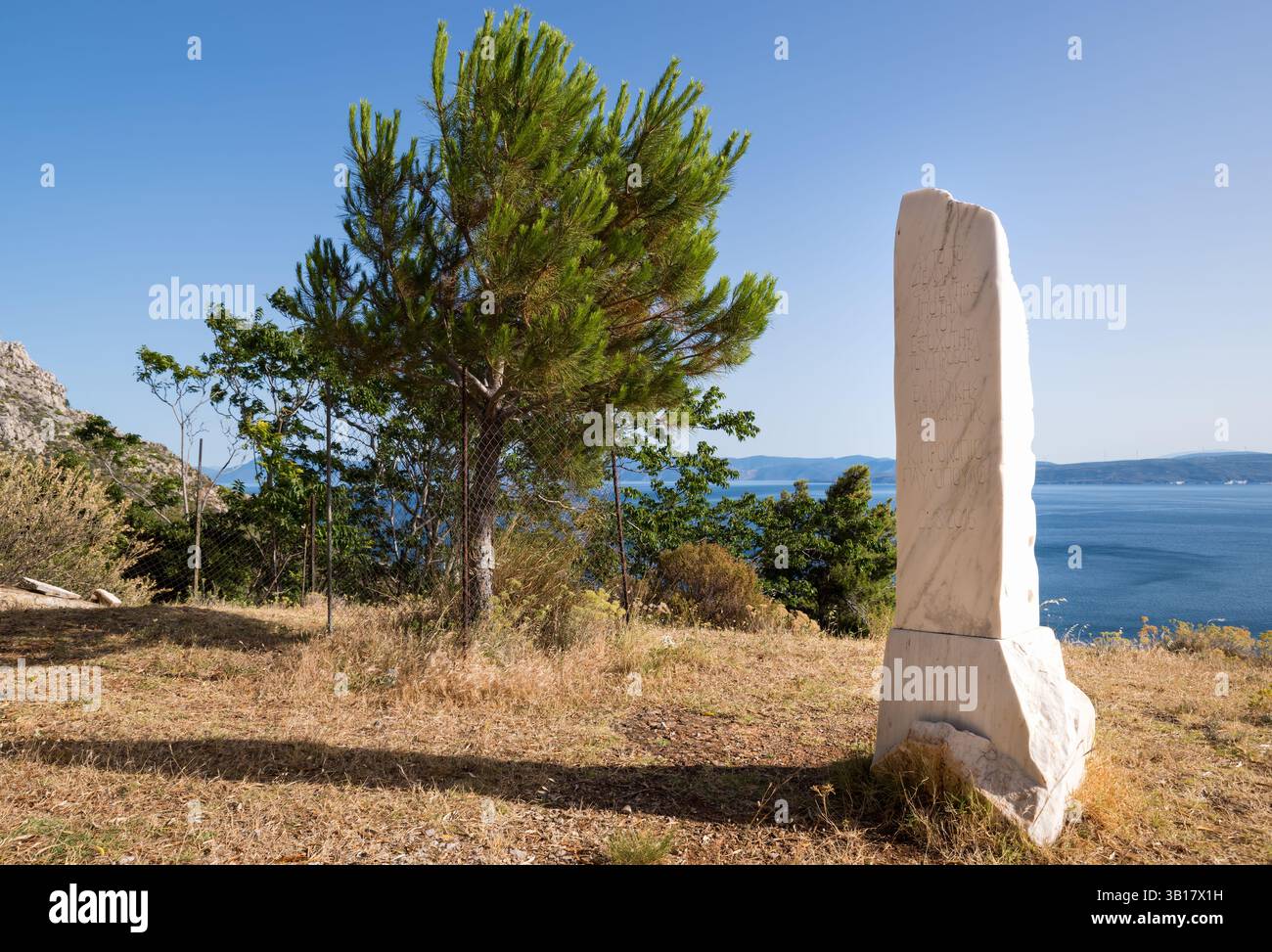 23 giugno 2024 - Nord Evia, Grecia - Un memoriale accanto ad un pino che commemora la piantagione dell'albero da parte del Presidente della Repubblica ellenica Foto Stock