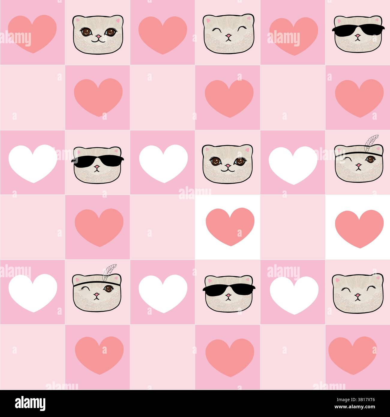 Cuori e gatto bianchi rosa a quadri. Design perfetto per San Valentino Illustrazione Vettoriale