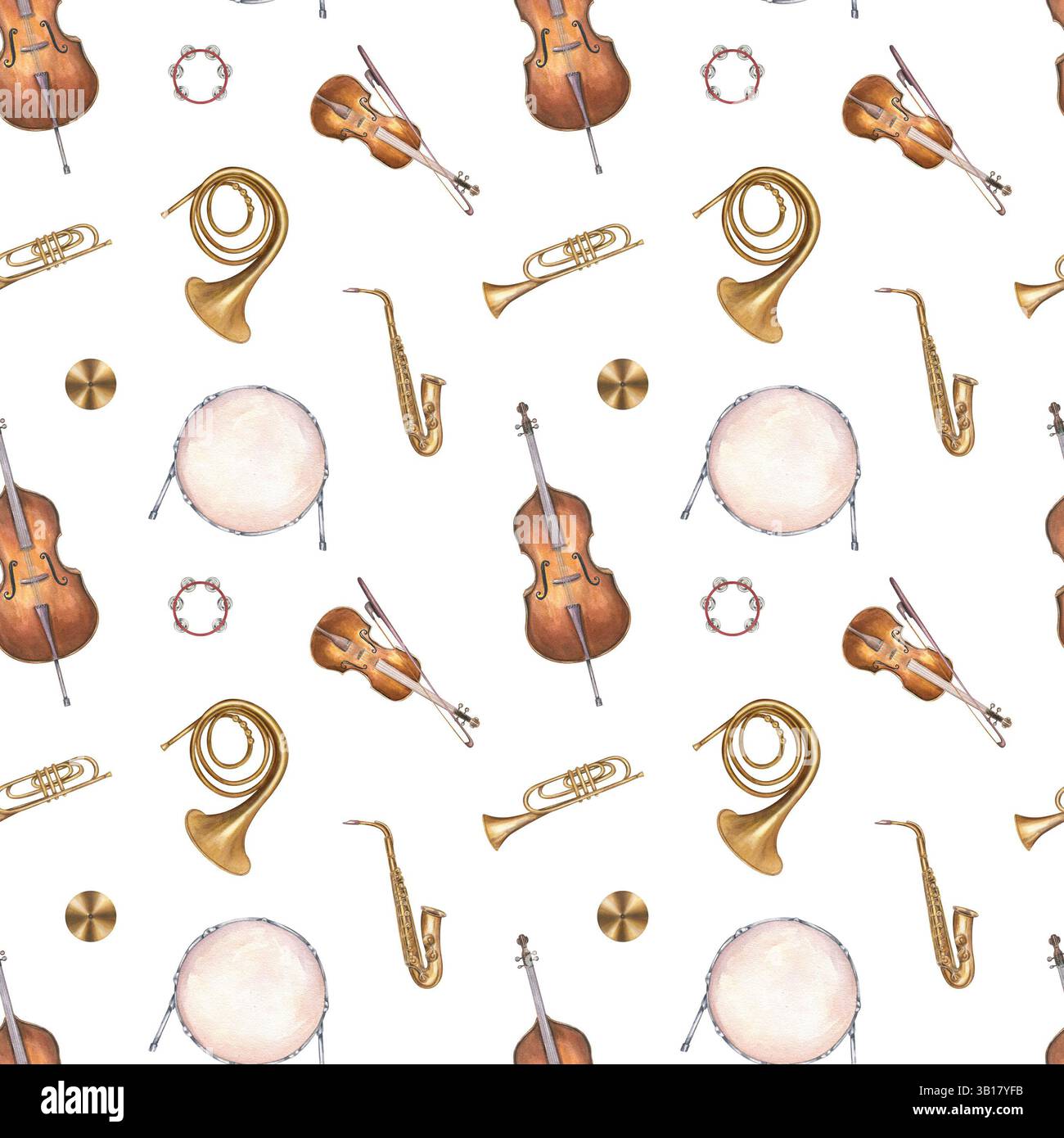 Percussioni musicali acquerello, strumenti a corda e fiato sfondo isolato con motivo senza cuciture. Sassofono, corno francese, contrabbasso, violino, tromba, Foto Stock