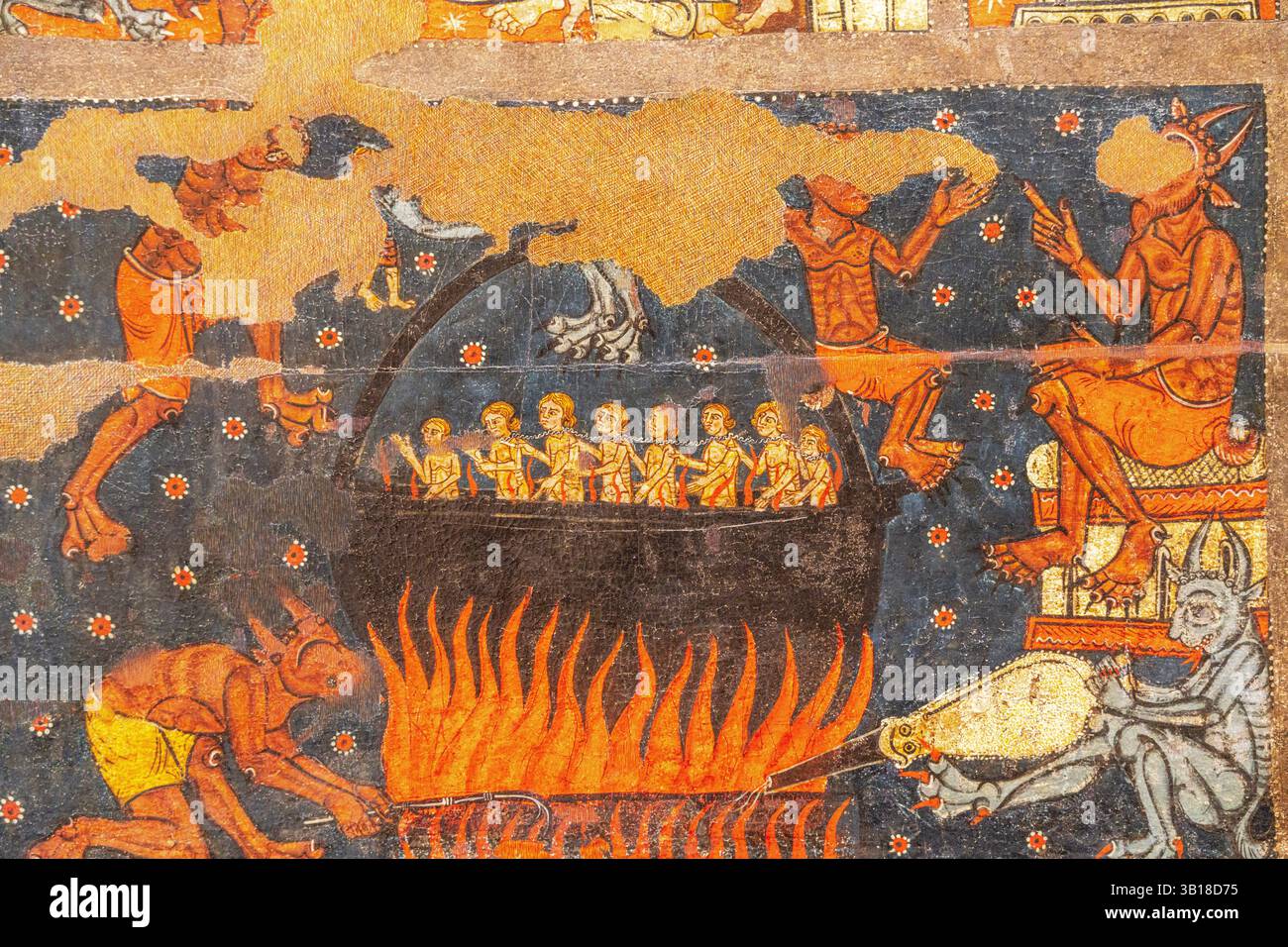 Pannello di San Michele, demoni che mescolano un calderone, XIII secolo, tempera e foglie di metallo goffrato su legno di abete, chiesa parrocchiale di Sant Miquel de Soriguerola, bassa Cerdanya, MNAC, Barcellona, Catalogna, Spagna. Foto Stock