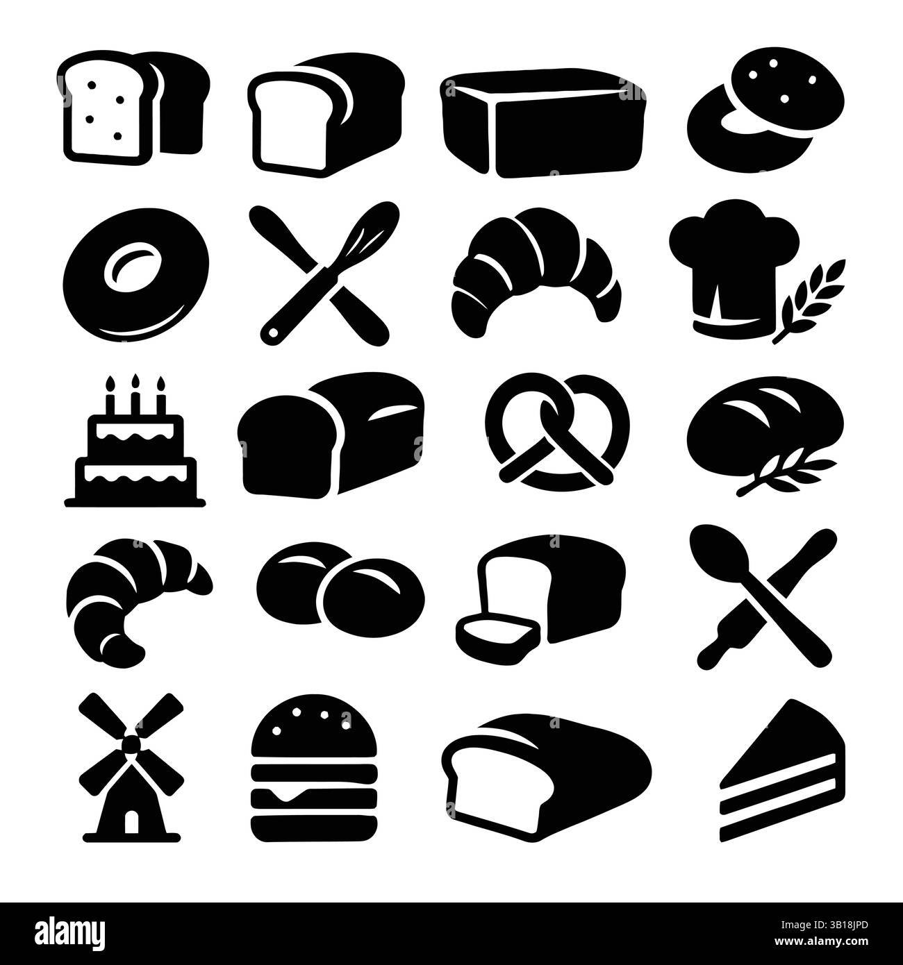 Set di icone per prodotti da forno neri, set di sagome per prodotti da forno Illustrazione Vettoriale