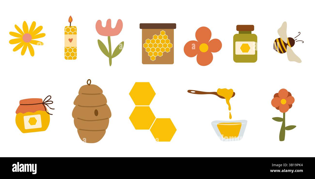 Set per l'apicoltura con miele, fiori, cucchiaio, api e candele Illustrazione Vettoriale