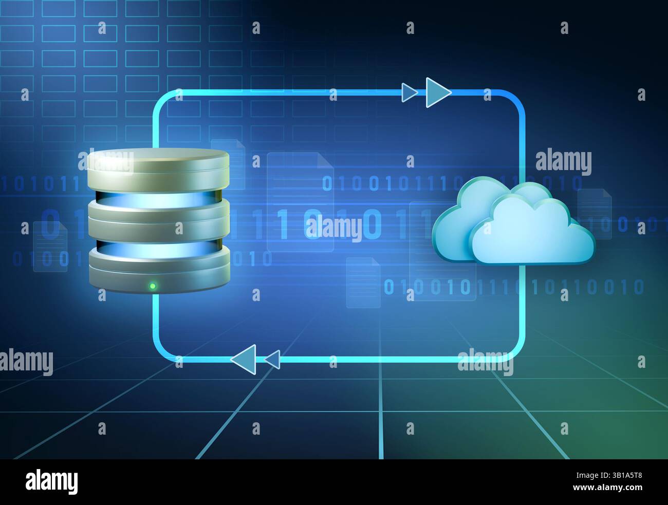 Sincronizzazione del database locale con il server cloud remoto. Illustrazione digitale, rendering 3D. Foto Stock