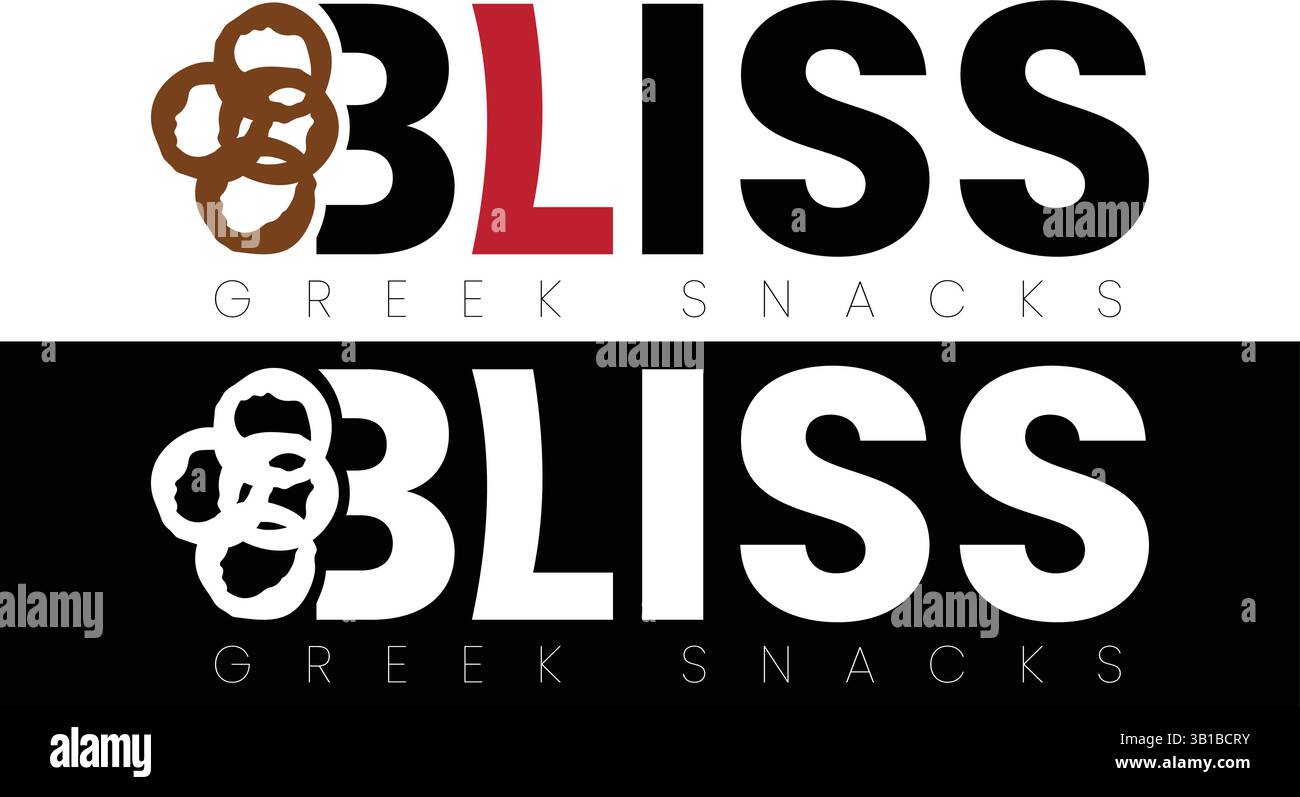 Design con logo Bliss Greek Snacks con icona Pretzel e audace tipografia moderna Illustrazione Vettoriale
