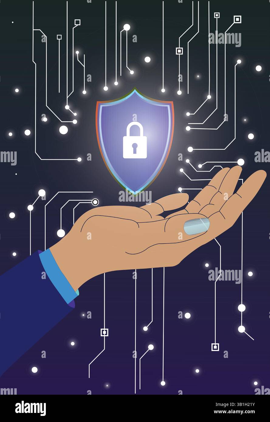 Concetto di sicurezza informatica con simbolo Shield e Lock Illustrazione Vettoriale