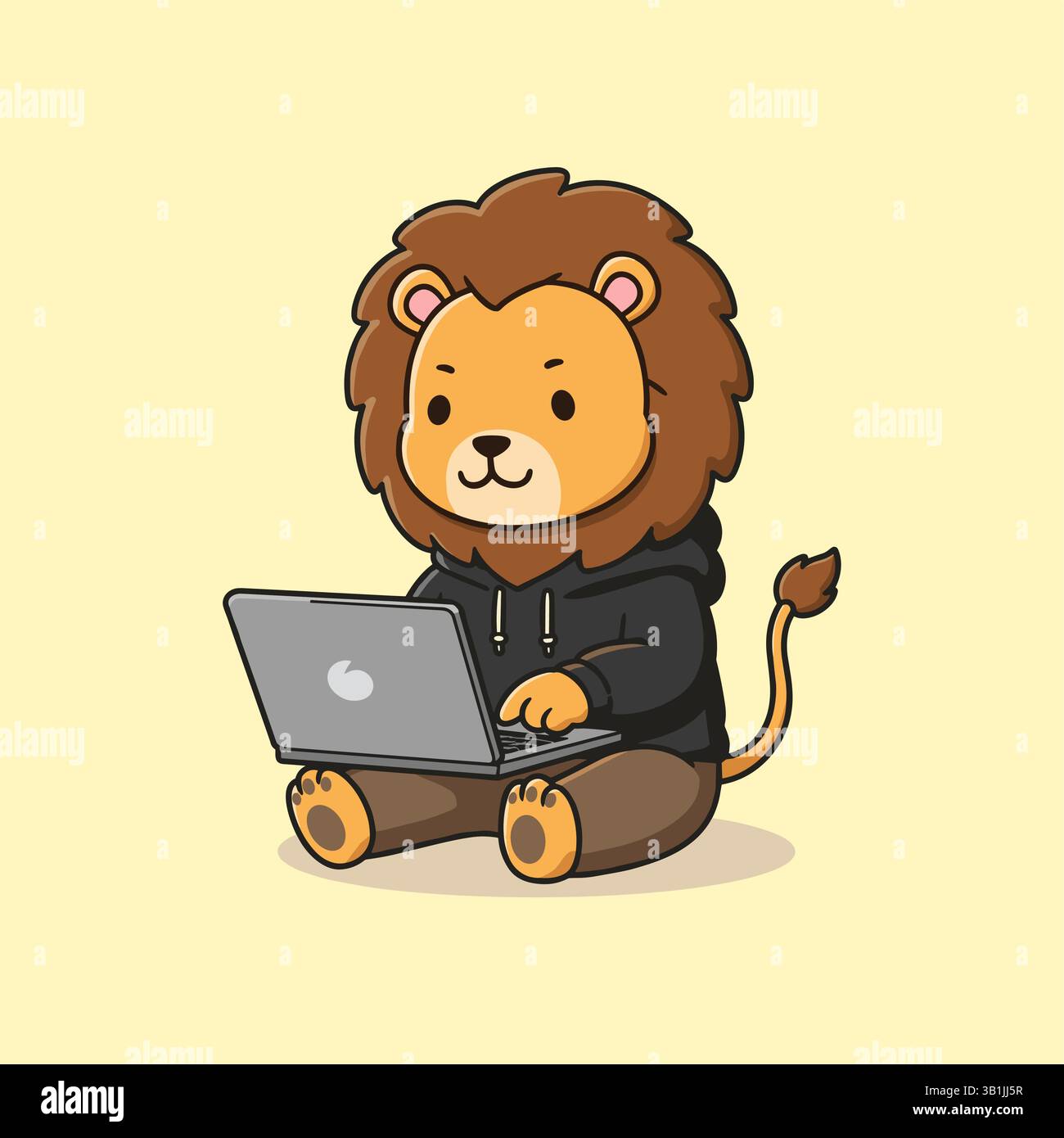 Immagine di cute Lion che lavora su laptop Cartoon Vector Illustrazione Vettoriale