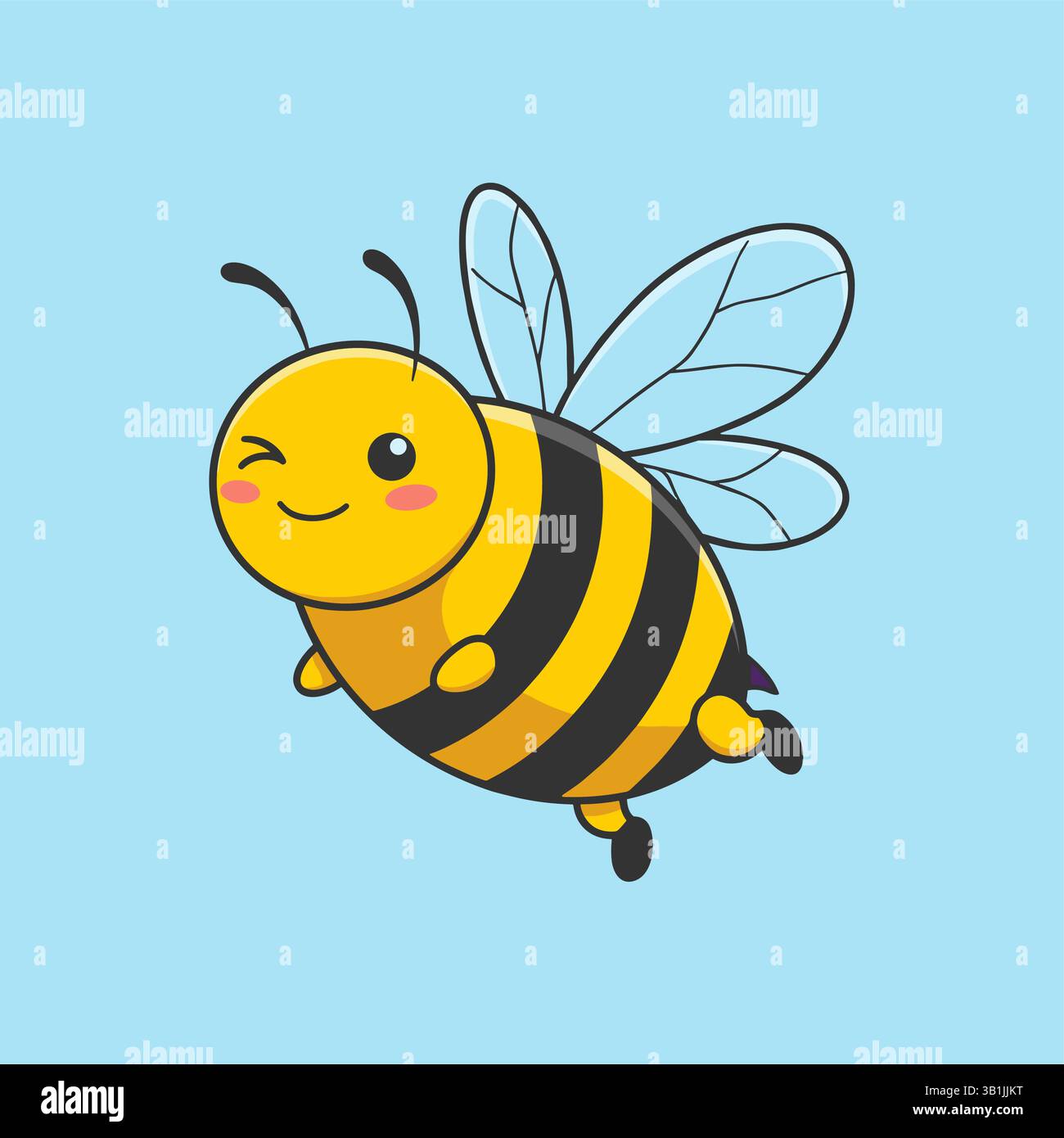 Un'ape carina e amichevole. Cartoni animati di un'ape volante felice con grandi occhi gentili. Carattere insetto. Illustrazione Vettoriale