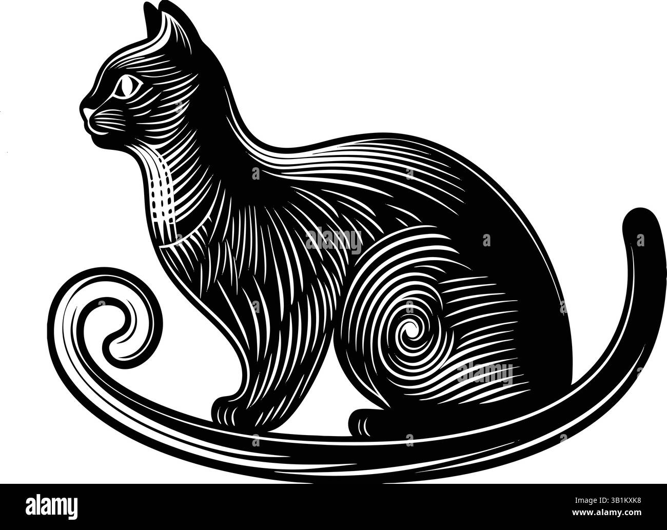Elegante gatto seduto con coda a turbolenza artistica | illustrazione Black Line Art Cat Illustrazione Vettoriale