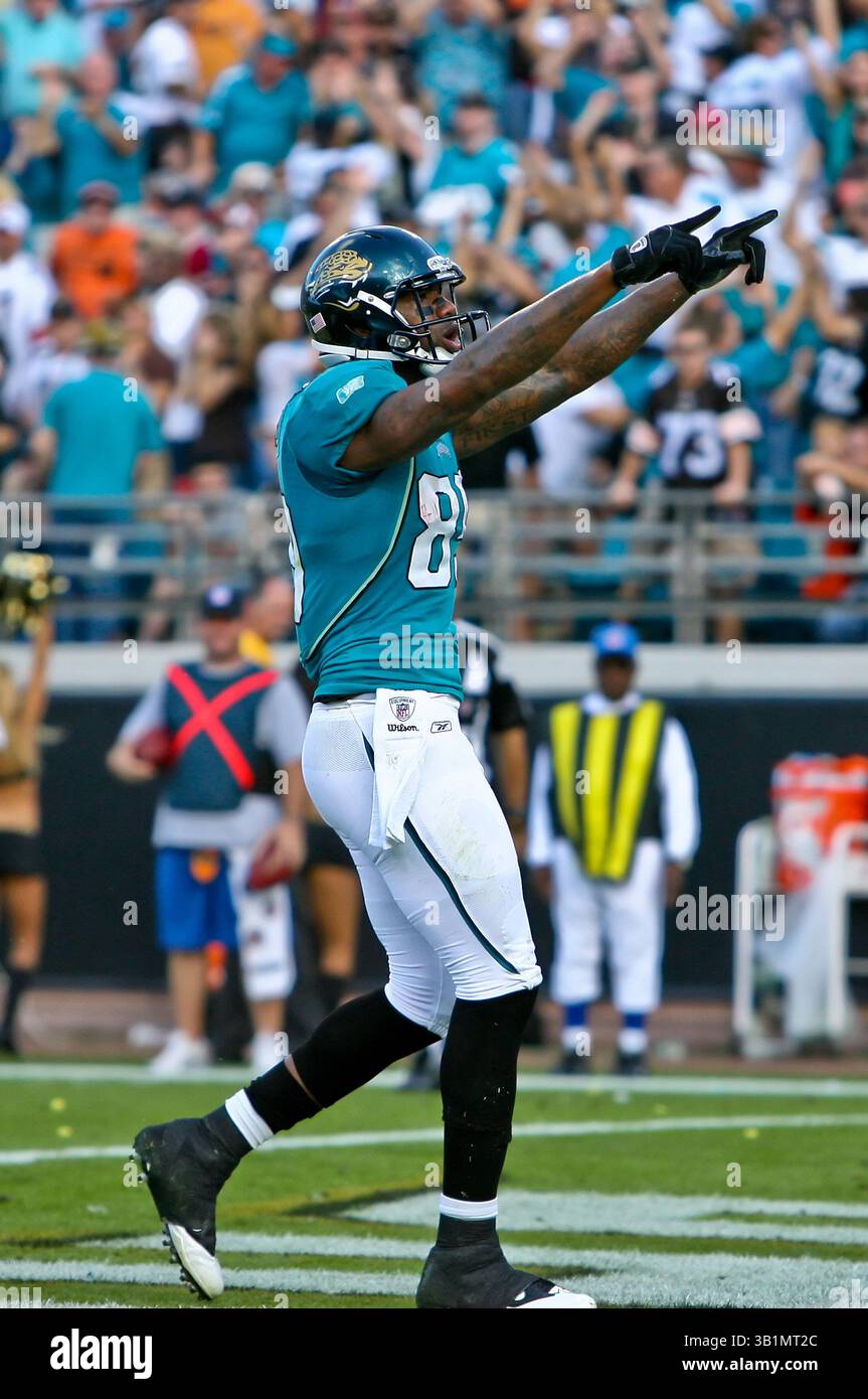 21 novembre 2010: Il tight end dei Jacksonville Jaguars Marcedes Lewis (89) festeggia dopo aver segnato un touchdown durante l'azione tra la AFC South Conference i Jacksonville Jaguars e la AFC North Conference i Cleveland Browns all'EverBank Field di Jacksonville, Florida. Jacksonville ha sconfitto Cleveland 24-20. (Immagine di credito: © Gray Quetti/Cal Sport Media/ZUMAPRESS.com) Foto Stock