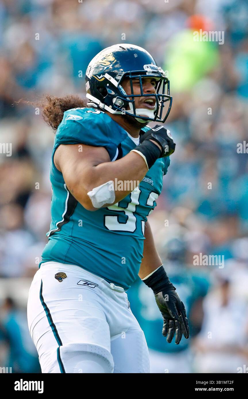 21 novembre 2010: Il defensive tackle dei Jacksonville Jaguars Tyson Alualu (93) festeggia dopo un sack durante il primo tempo tra la AFC South Conference i Jacksonville Jaguars e la AFC North Conference i Cleveland Browns all'EverBank Field di Jacksonville, Florida. (Immagine di credito: © Gray Quetti/Cal Sport Media/ZUMAPRESS.com) Foto Stock