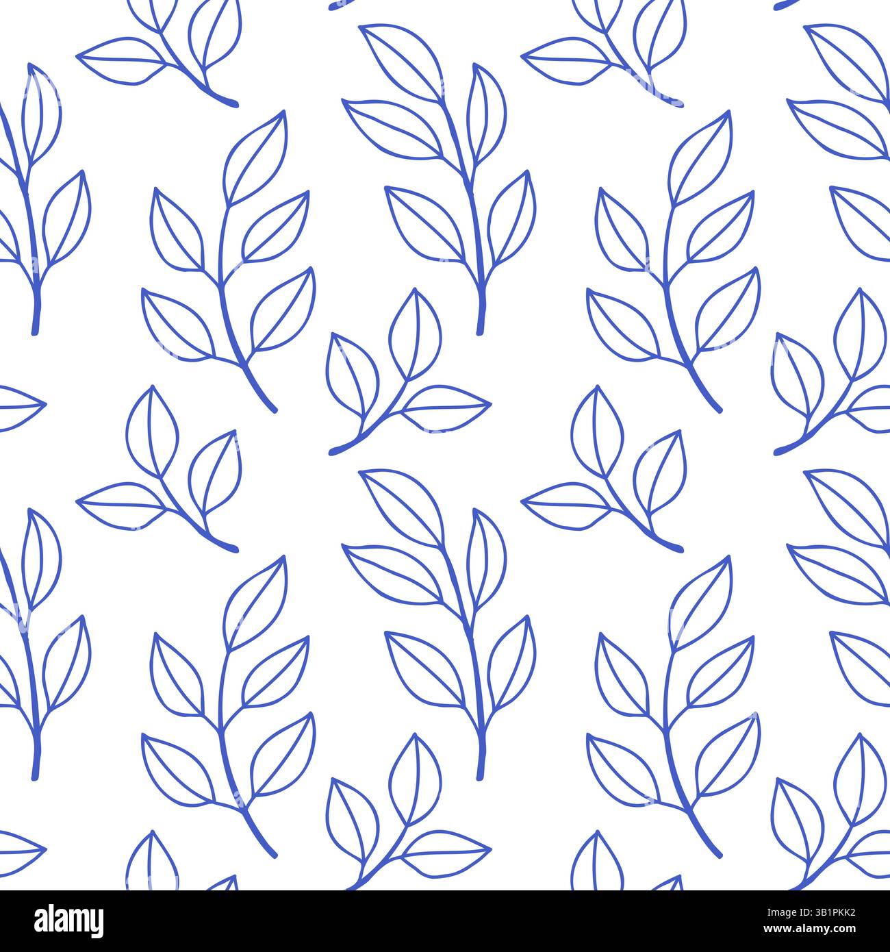 Contorno blu con motivo a foglie semplice su sfondo bianco. Motivo floreale blu mediterraneo senza cuciture per confezionamento, tessuto, copertina, scrapbooking Illustrazione Vettoriale