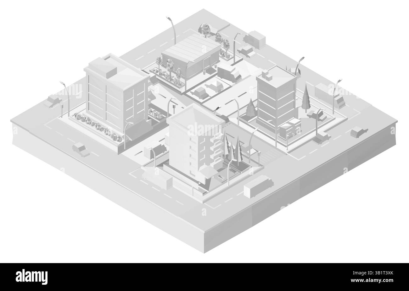 Un paesaggio urbano con un grande edificio nel mezzo e due edifici più piccoli su entrambi i lati. Ci sono diverse auto parcheggiate sulla strada e un camion è V Illustrazione Vettoriale