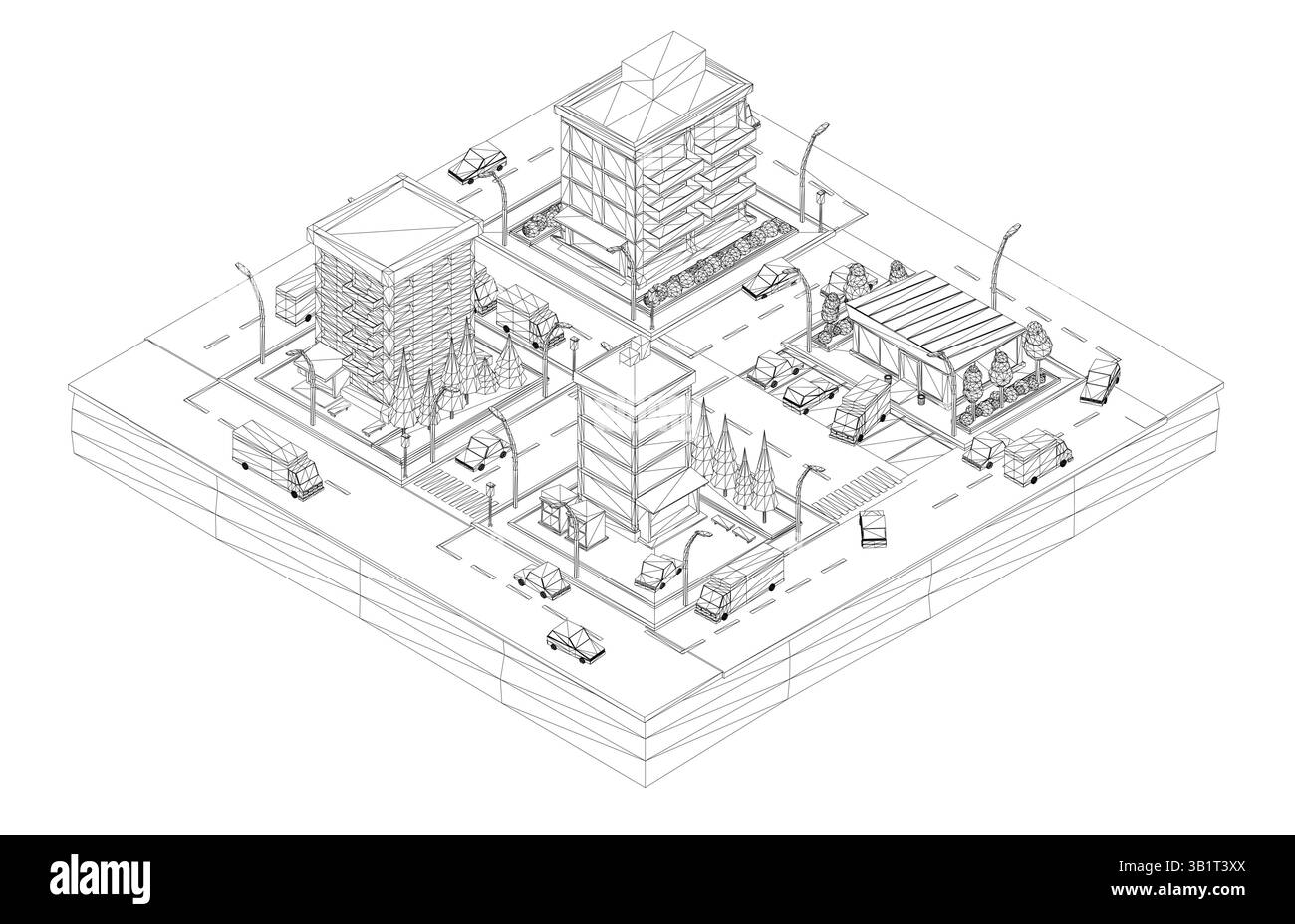 Un isolato cittadino con un edificio nel mezzo e un'auto sulla destra. Gli edifici sono alti e l'auto è parcheggiata sulla strada. Vista isometrica Illustrazione Vettoriale