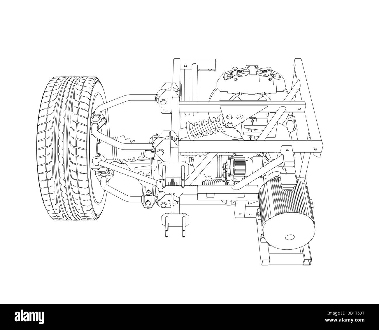 Un disegno di un'auto con uno pneumatico e una ruota. Il disegno è bianco e nero. La vettura è un modello vintage e la ruota è grande. Il disegno trasmette Illustrazione Vettoriale
