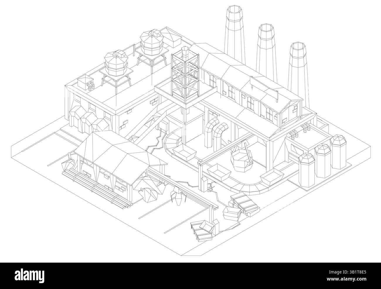 Un'illustrazione dettagliata a reticolo vettoriale di un impianto industriale, che mostra linee geometriche complesse che ne evidenziano la struttura complessa, inclusi Illustrazione Vettoriale