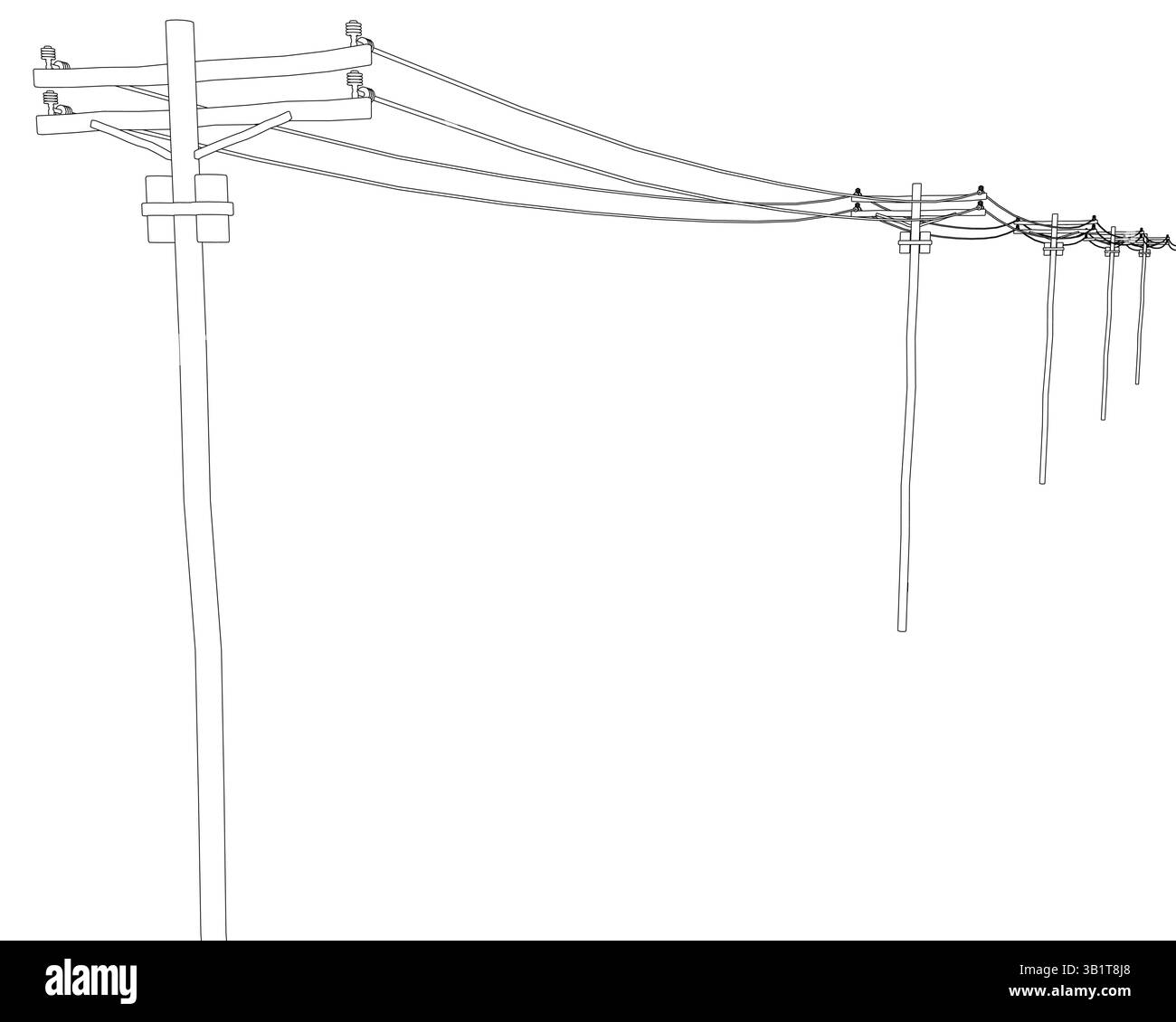 Un disegno in bianco e nero di una linea elettrica. La linea di alimentazione è lunga e ha tre fili. Concetto di potenza ed energia, così come l'importanza degli eletti Illustrazione Vettoriale