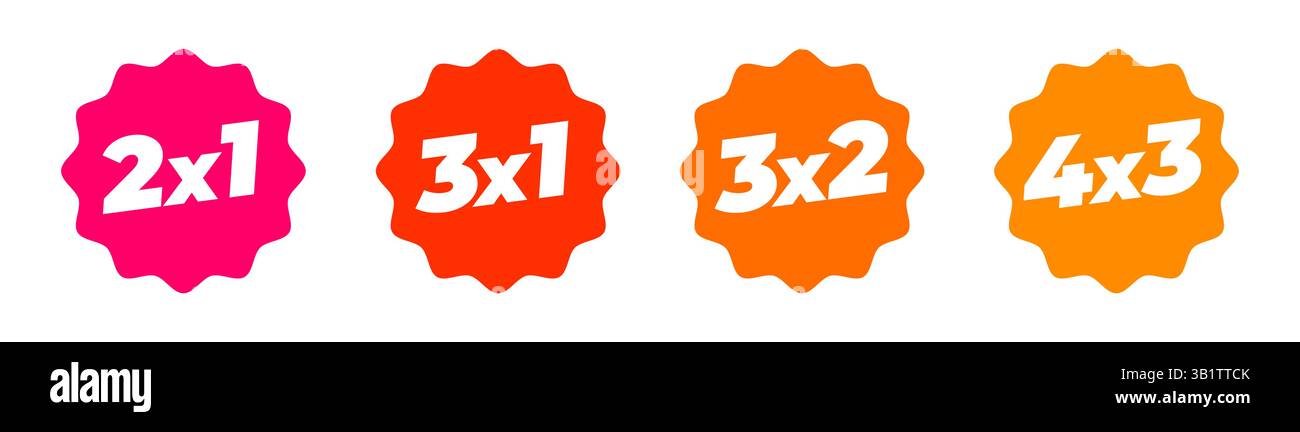 Etichette Starburst 2x1, 3x1, 3x2, 4x3 su sfondo bianco. Offerta speciale per un'etichetta in diversi colori. Adesivo per la pubblicità per lo shopping. Vettore Illustrazione Vettoriale Etichette Starburst 2x1, 3x1, 3x2, 4x3 su sfondo bianco. Offerta speciale per un'etichetta in diversi colori. Adesivo per la pubblicità per lo shopping. Vettore Illustrazione Vettoriale
