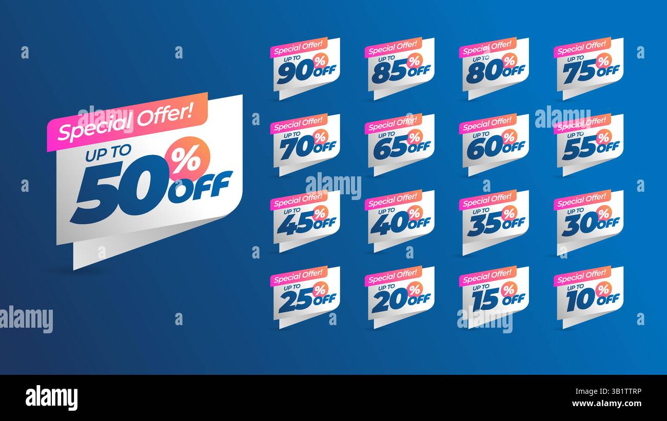 Offerta speciale con sconto percentuale di valore diverso. 90, 85, 80, 75, 70, 65, 60, 55, 50, 45, 40, 35, 30, 25, 20, 15,10% di riduzione del prezzo Illustrazione Vettoriale