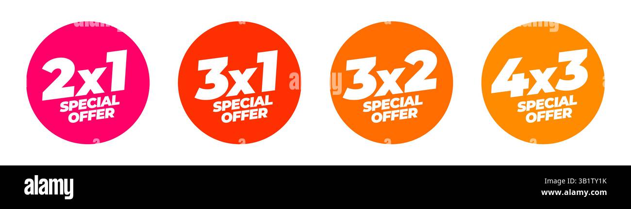 Offerta speciale sulle etichette arrotondate colorate con diverse promozioni 2x1, 3x1, 3x2 e 4x3 su sfondo bianco. Adesivo per la pubblicità per lo shopping. Vettore Illustrazione Vettoriale Offerta speciale sulle etichette arrotondate colorate con diverse promozioni 2x1, 3x1, 3x2 e 4x3 su sfondo bianco. Adesivo per la pubblicità per lo shopping. Vettore Illustrazione Vettoriale